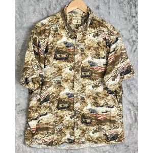 Red Head Brand Mens Desert Camo US Flag Tank Plane Patriotic Button Shirt Sz XL